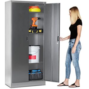 fedmax metal garage storage cabinet - 71-inch tall large steel utility locker with adjustable shelves & locking doors - garage cabinets for tool storage and ammo locker - grey & silver