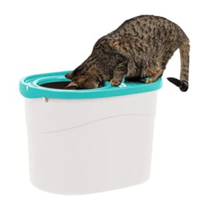 iris usa oval top entry cat litter box with scoop, kitty litter tray with litter catching lid less tracking dog proof and privacy large, white/seafoam