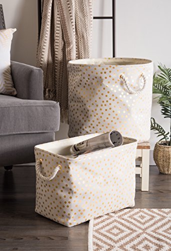 DII Polyester Storage Bin, Gold Metallic Collection Collapsible with Handles, Medium Round, Natural Off-White