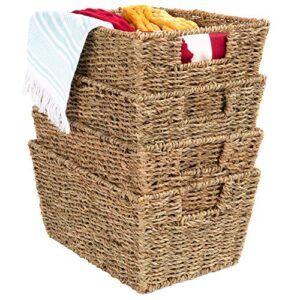 best choice products rustic set of 4 multipurpose stackable seagrass storage basket, handwoven laundry organizer totes for bedroom and living room, shelves, pantry w/insert handles - natural