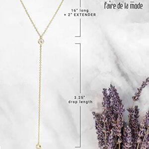 Dainty Drop Gold and Sterling Silver Adjustable Lariat Necklace for Women with Diamond, Simple Y Necklace Choker (Gold, Double CZ Lariat)