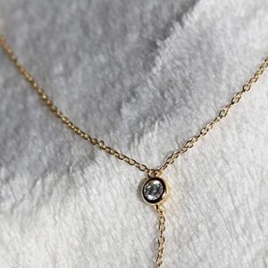 Dainty Drop Gold and Sterling Silver Adjustable Lariat Necklace for Women with Diamond, Simple Y Necklace Choker (Gold, Double CZ Lariat)