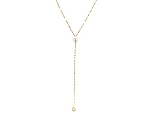 Dainty Drop Gold and Sterling Silver Adjustable Lariat Necklace for Women with Diamond, Simple Y Necklace Choker (Gold, Double CZ Lariat)