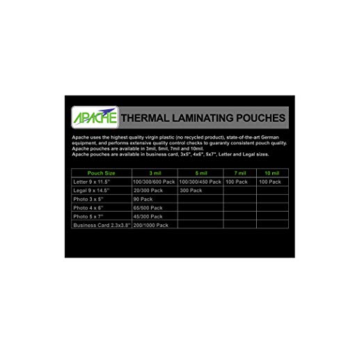 Apache Laminating Pouches 3 mil, for 8.5 x 11 inch Letter Size Paper 9 x 11.5 inch Sheets, 100 Pack