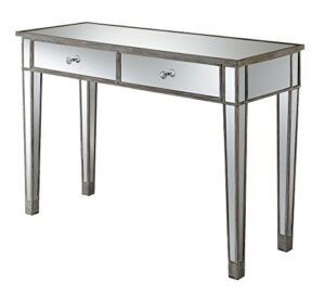 convenience concepts gold coast mirrored desk 42" - console table with 2 drawers for storage in living room, office, weathered white/mirror
