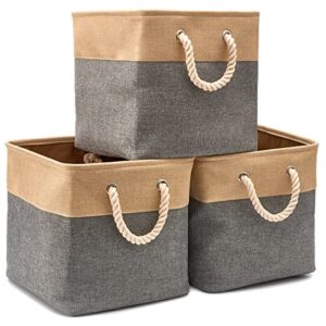 ezoware 3-pack collapsible storage bins basket foldable canvas fabric cubes boxes with handles for kids babies nursery room toys organizer (13 x 13 x 13 inches) - gray and beige