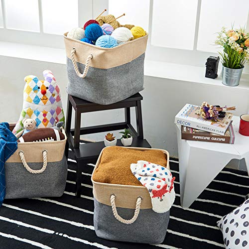 EZOWare 3-Pack Collapsible Storage Bins Basket Foldable Canvas Fabric Cubes Boxes with Handles for Kids Babies Nursery Room Toys Organizer (13 x 13 x 13 inches) - Gray and Beige