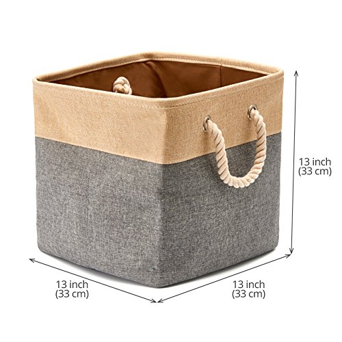 EZOWare 3-Pack Collapsible Storage Bins Basket Foldable Canvas Fabric Cubes Boxes with Handles for Kids Babies Nursery Room Toys Organizer (13 x 13 x 13 inches) - Gray and Beige