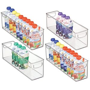 mdesign plastic long stackable storage organizer container, organization bin w/handles for kitchen, pantry, fridge, freezer, cabinet, perfect to hold breast milk - ligne collection - 4 pack, clear