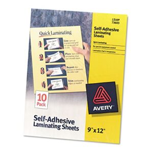 avery self-adhesive laminating sheets, 9" x 12", permanent adhesive, 10 clear laminating sheets (73603)