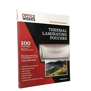 thermal laminating pouches, 8.9" x 11.4", 100 pack, 3 mil, compatible with all thermal laminators