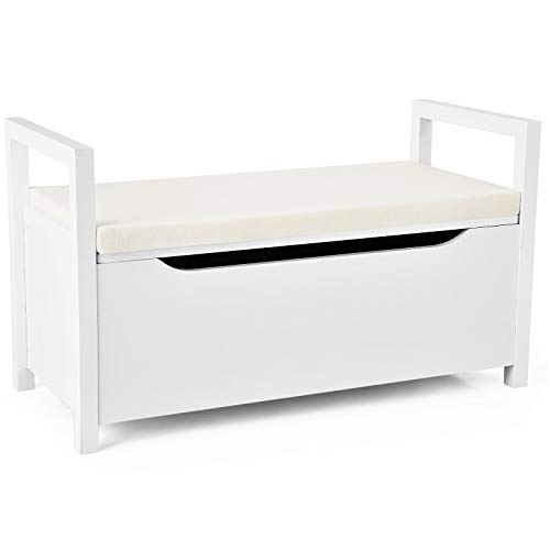 Giantex Shoe Storage Bench with Cushion, Entryway Storage Benches, End of Bed Bench for Bedroom, Wood Shoe Bench with Seat, 34" L×15" W×19" H, White