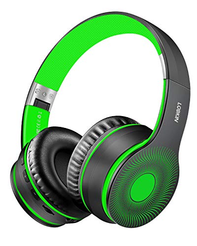 LOBKIN Bluetooth Foldable Headband Microphone &Audio Cable,Hi-Fi Stereo Wireless Headset,Noice Cancelling Soft Earmuffs,TF Card MP3,FM Radios Headphones for Online Class/iPhone/iPad/PC (Green)