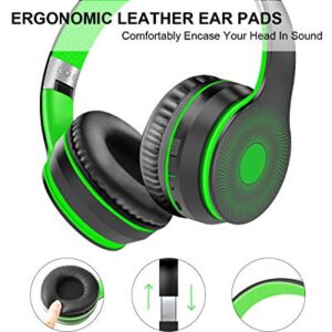 LOBKIN Bluetooth Foldable Headband Microphone &Audio Cable,Hi-Fi Stereo Wireless Headset,Noice Cancelling Soft Earmuffs,TF Card MP3,FM Radios Headphones for Online Class/iPhone/iPad/PC (Green)