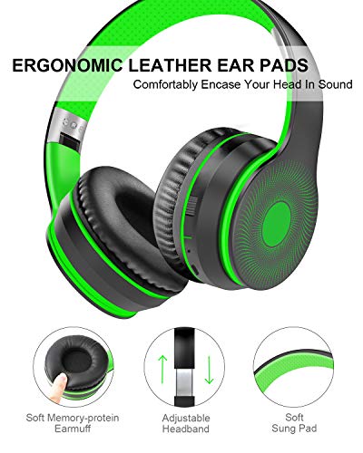 LOBKIN Bluetooth Foldable Headband Microphone &Audio Cable,Hi-Fi Stereo Wireless Headset,Noice Cancelling Soft Earmuffs,TF Card MP3,FM Radios Headphones for Online Class/iPhone/iPad/PC (Green)