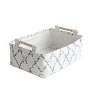 lufofox decorative collapsible rectangular fabric storage bin organizer basket with wooden handles for clothes storage,12.6x8.7x4.7 inch,white