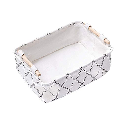 LUFOFOX Decorative Collapsible Rectangular Fabric Storage Bin Organizer Basket with Wooden Handles for Clothes Storage,12.6x8.7x4.7 inch,White