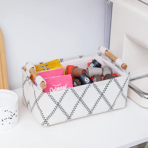 LUFOFOX Decorative Collapsible Rectangular Fabric Storage Bin Organizer Basket with Wooden Handles for Clothes Storage,12.6x8.7x4.7 inch,White