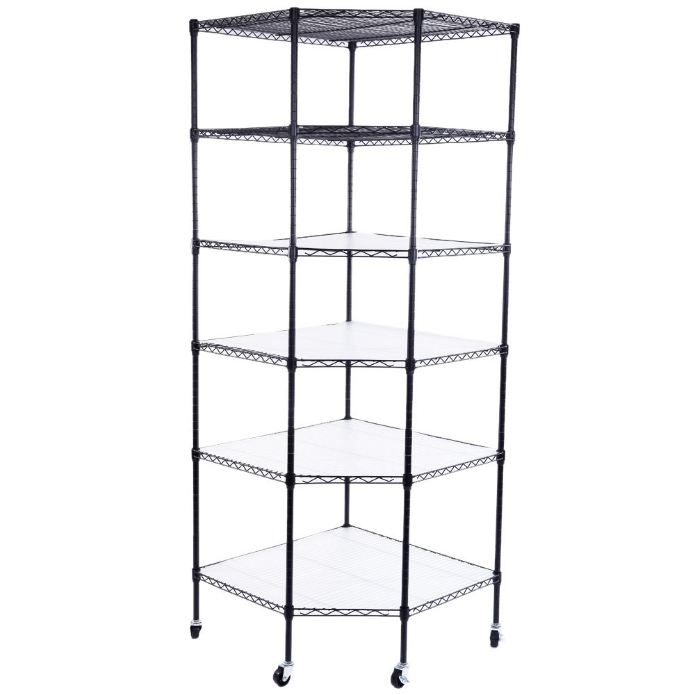 Bonnlo 6-Tier Rolling Heavy Duty Commercial Polygonal Corner Shelf Wire Shelving Unit Adjustable Storage Rack Free Standing Garage with 5 Wheels 26 4/5" L x 26 4/5" W x 71" H Inches (Black)