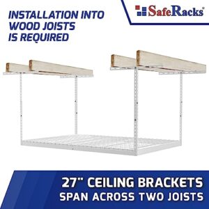 SafeRacks Overhead Garage Storage Rack - Heavy Duty Racks for Garage with 400 lb Capacity, Easy Garage Shelving, Adjustable Storage Rack, Ceiling Mount Storage Shelves 3x6 White (24"-45")
