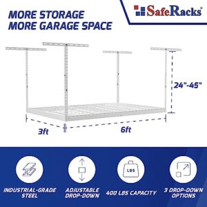 SafeRacks Overhead Garage Storage Rack - Heavy Duty Racks for Garage with 400 lb Capacity, Easy Garage Shelving, Adjustable Storage Rack, Ceiling Mount Storage Shelves 3x6 White (24"-45")