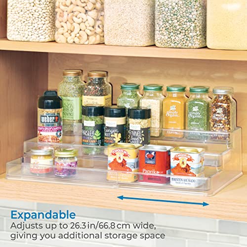 iDesign 64140 iDesign Linus Plastic Expandable Multi-Level Spice Rack, 3-Tiered Customizable Organizer for Kitchen, Bathroom, Office Cabinet and Countertop, 26.29" x 9.50" x 4.11" extended, Clear