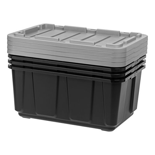 IRIS USA 27 Gallon Large Heavy-Duty Storage Plastic Bin Tote Organizing Container with Durable Lid, Black/Gray, 4 Pack