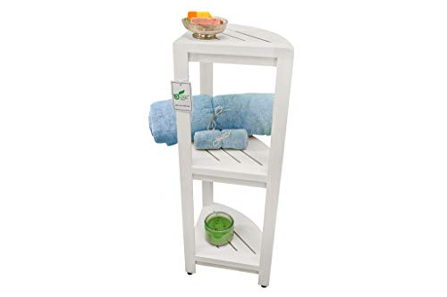 CoastalVogue SnazzyCorner Teak Corner Shower Shelf Wood Corner Shelf 3-Tier Corner Shower Shelf in Antique White Finish – 33 inches Tall