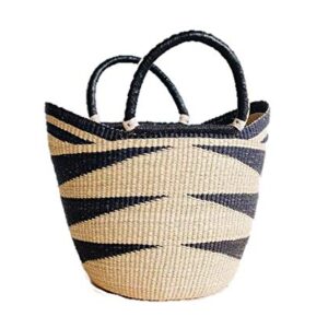 Large Yikene Ghanaian Wing U-Shopper - Ghana Bolga Basket Fair Trade - 16"-19" Across (Black & Tan)