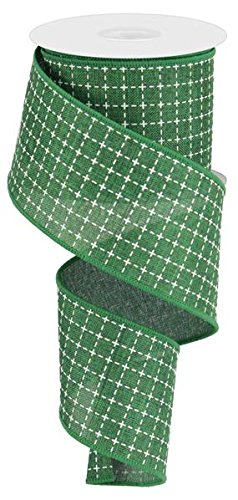 Emerald Green White Raised Stitched Squares Wired Ribbon (2.5 Inches x 10 Yards)