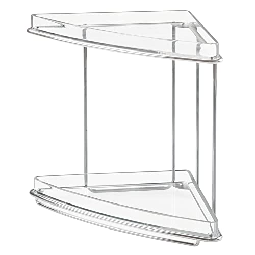 mDesign Steel/Plastic Freestanding Countertop Corner Shelf Organizer with 2-Tier Storage for Bathroom, Vanity, Cabinet, Counter - Holds Makeup, Bath Gel - Prism Collection - 2 Pack - Clear