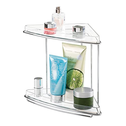 mDesign Steel/Plastic Freestanding Countertop Corner Shelf Organizer with 2-Tier Storage for Bathroom, Vanity, Cabinet, Counter - Holds Makeup, Bath Gel - Prism Collection - 2 Pack - Clear