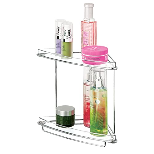 mDesign Steel/Plastic Freestanding Countertop Corner Shelf Organizer with 2-Tier Storage for Bathroom, Vanity, Cabinet, Counter - Holds Makeup, Bath Gel - Prism Collection - 2 Pack - Clear