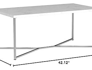 Walker Edison Mid Century Modern Marble Gold Rectangle Coffee Table Living Room Accent Ottoman Storage Shelf, 42 Inch, Marble and Silver