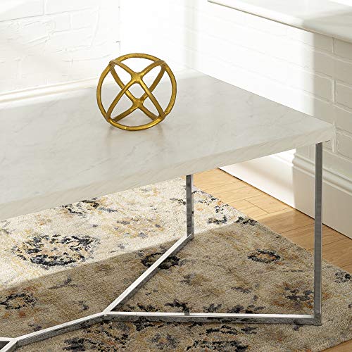 Walker Edison Mid Century Modern Marble Gold Rectangle Coffee Table Living Room Accent Ottoman Storage Shelf, 42 Inch, Marble and Silver
