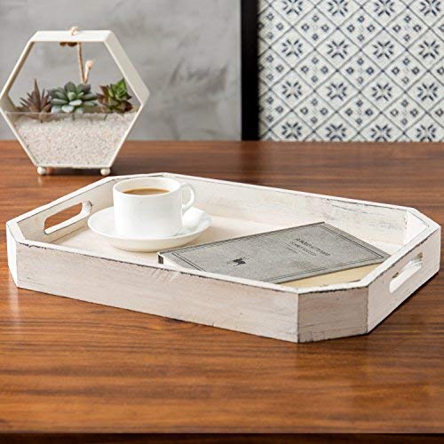 MyGift Whitewashed Wood Serving Tray with Handles and Angles Edges, Farmhouse Coffee Table Decorative Tray