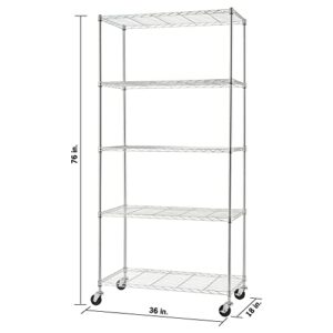 TRINITY Basics EcoStorage TBFZ-0933 5 Tier 36 x 18 x 76 Inch Adjustable Wire Shelving with Wheels for Home, Kitchen, Garage, or Business Use, Chrome