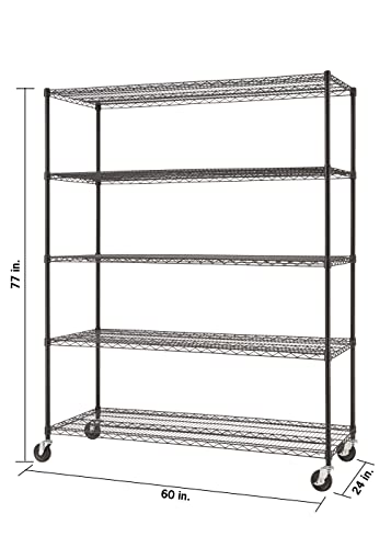 TRINITY Basics 5-Tier Adjustable Wire Shelving with Wheels for Kitchen Organization, Garage Storage, Laundry Room, NSF Certified, 600 to 2250 Pound Capacity, 60” by 24” by 77”, Black