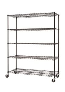 trinity basics 5-tier adjustable wire shelving with wheels for kitchen organization, garage storage, laundry room, nsf certified, 600 to 2250 pound capacity, 60” by 24” by 77”, black