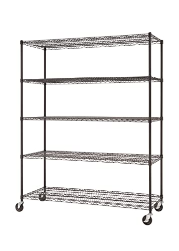 TRINITY Basics 5-Tier Adjustable Wire Shelving with Wheels for Kitchen Organization, Garage Storage, Laundry Room, NSF Certified, 600 to 2250 Pound Capacity, 60” by 24” by 77”, Black