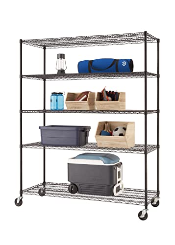 TRINITY Basics 5-Tier Adjustable Wire Shelving with Wheels for Kitchen Organization, Garage Storage, Laundry Room, NSF Certified, 600 to 2250 Pound Capacity, 60” by 24” by 77”, Black