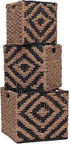 Amazon Brand – Rivet Modern Woven Seagrass Storage Organizer Basket Set - 3-Pack, Natural & Black