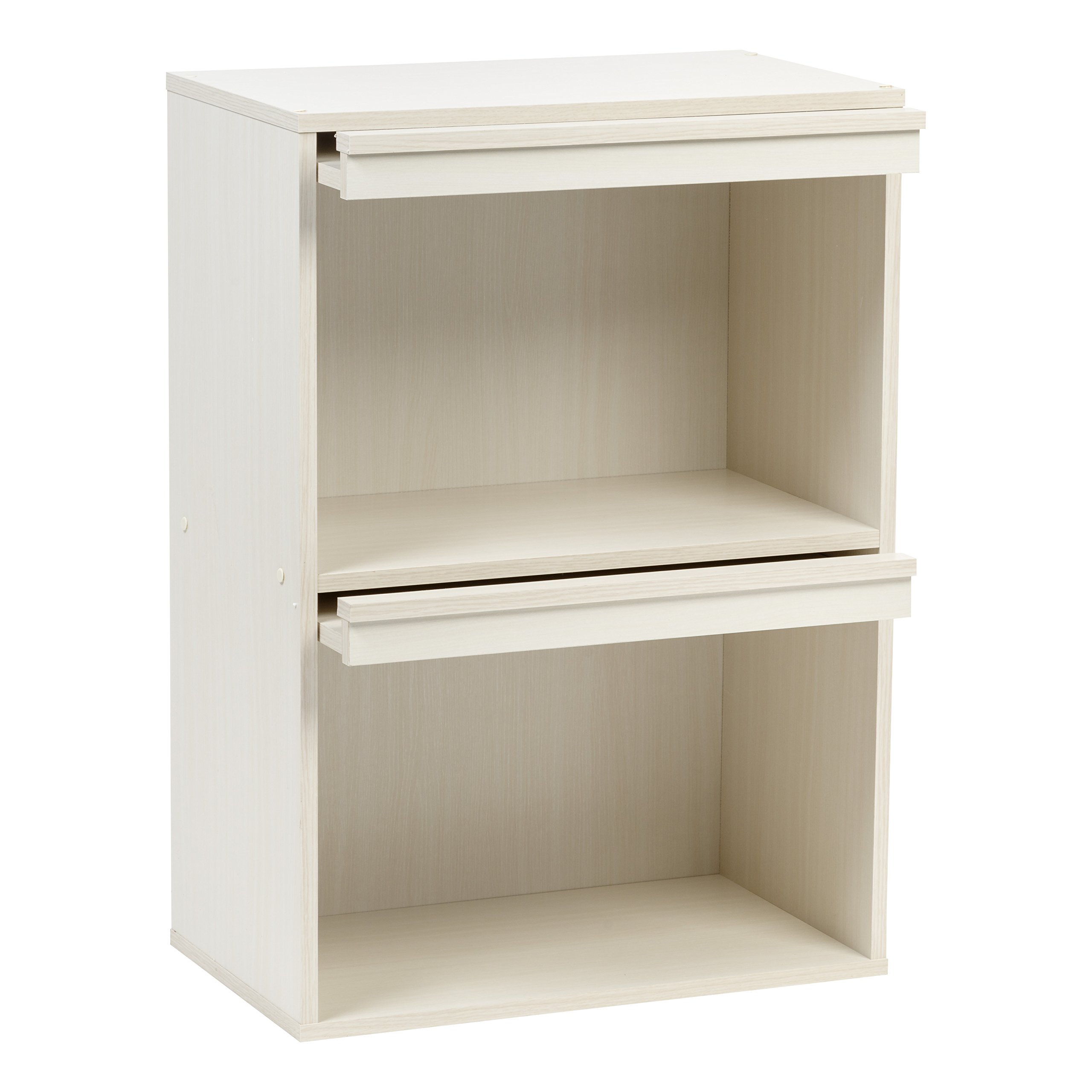 IRIS USA 2-Tier Wooden Shelf with Pocket Doors, Stylish Stackable Shelving Unit with 2 Retractable Flap Doors for Additional Photo Record Picture Storage, Off White