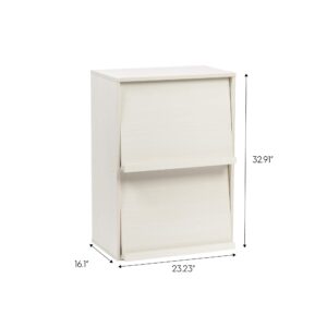 IRIS USA 2-Tier Wooden Shelf with Pocket Doors, Stylish Stackable Shelving Unit with 2 Retractable Flap Doors for Additional Photo Record Picture Storage, Off White