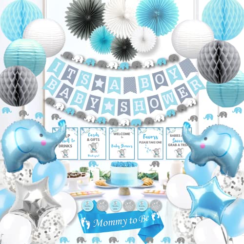 166 Piece Baby Shower Decorations for Boy, Elephant Style | It's A BOY | Garland Bunting Banner, Paper Lanterns, Honeycomb Balls | Tissue Paper Fans | Blue Grey White