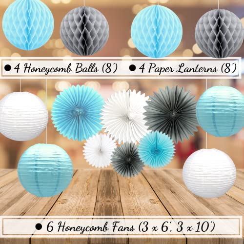 166 Piece Baby Shower Decorations for Boy, Elephant Style | It's A BOY | Garland Bunting Banner, Paper Lanterns, Honeycomb Balls | Tissue Paper Fans | Blue Grey White