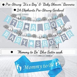 166 Piece Baby Shower Decorations for Boy, Elephant Style | It's A BOY | Garland Bunting Banner, Paper Lanterns, Honeycomb Balls | Tissue Paper Fans | Blue Grey White