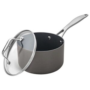 amazon brand - stone & beam sauce pan with lid, 2-quart, hard-anodized non-stick aluminum, gray
