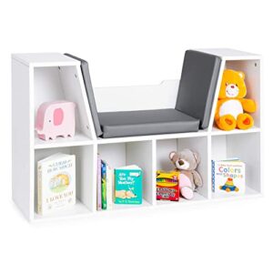 best choice products 6-cubby kids bedroom storage organizer, multi-purpose bookcases, shelf furniture decoration w/cushioned reading nook - white