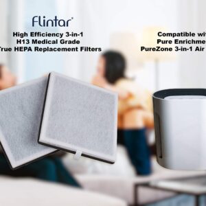 Flintar 3-in-1 H13 Grade True HEPA Replacement Filter, Compatible with Pure Enrichment PureZone Air Purifier PEAIRPLG (Not For Levoit Vital 100), 2-Pack